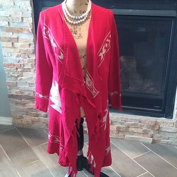 Deja Vu Red Aztec Fringe Metallic Long Duster Length Cardigan sz L - Picture 2 of 8